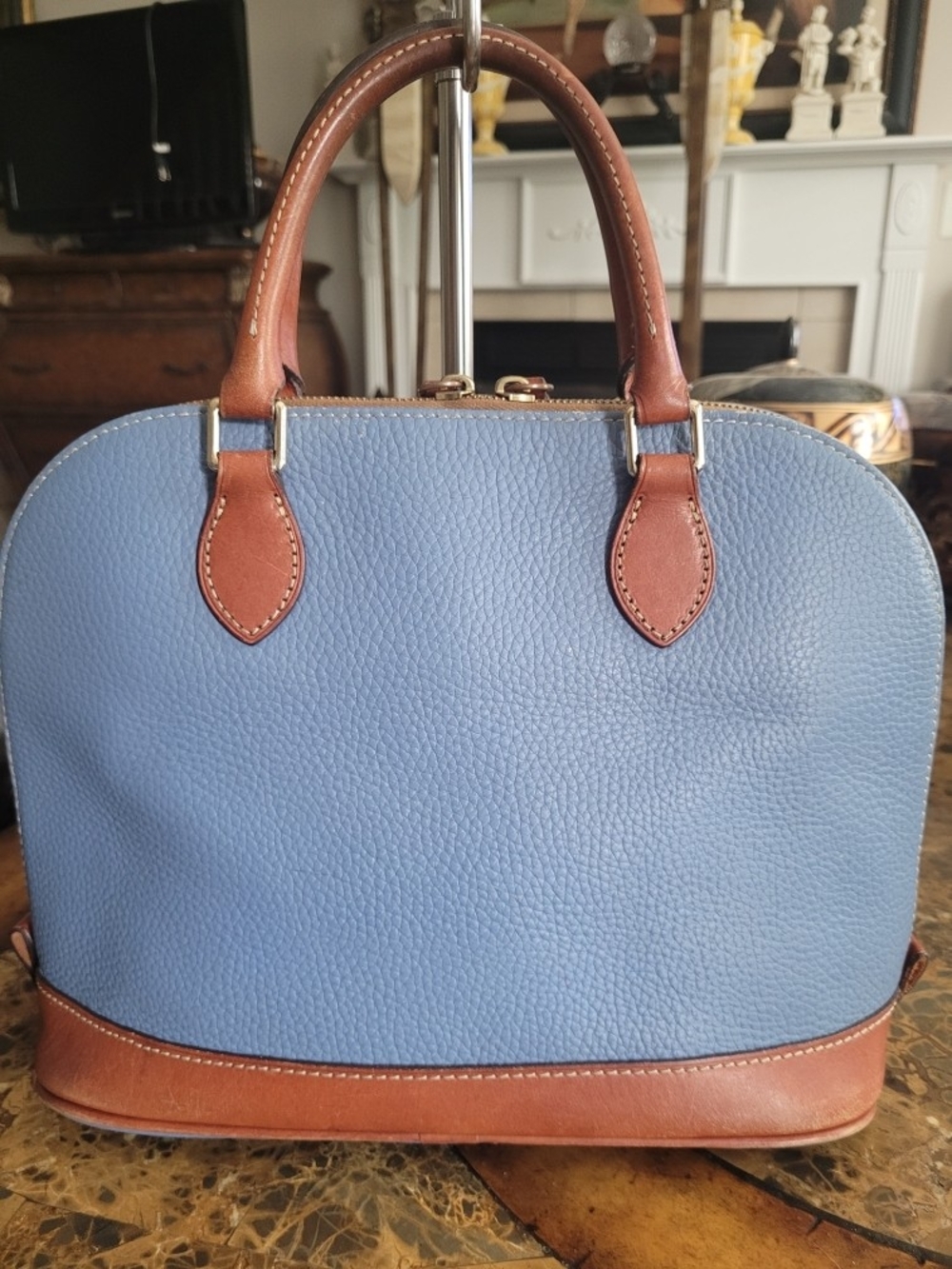 Dooney & Bourke Blue Leather Satchel with Brown Trim - Picture 2 of 11